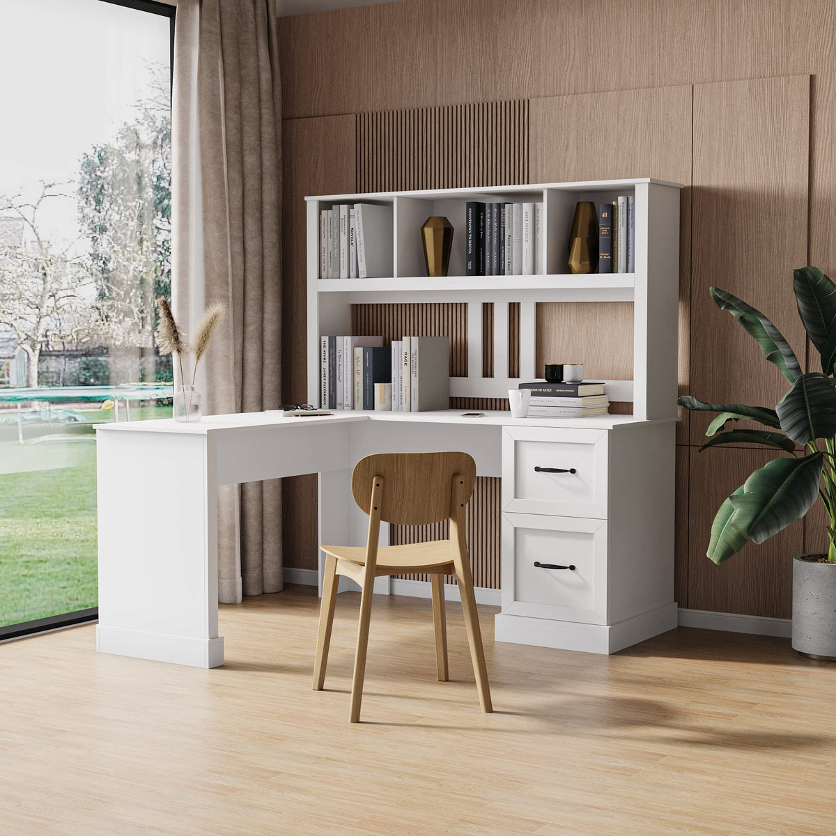 L Shaped Desk with Hutch, Drawer & Shelves, White I66058