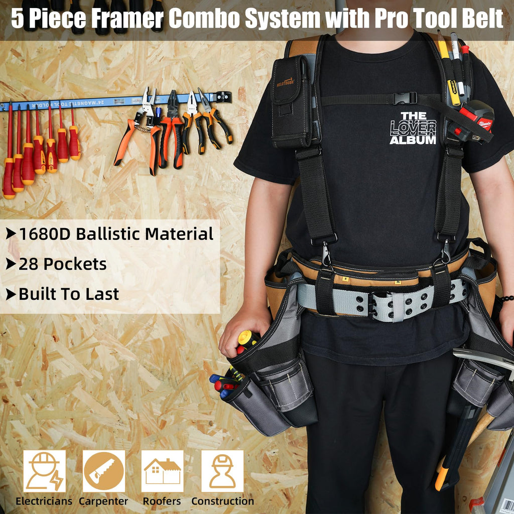 Khaki 28-Pocket Tool Belt and Suspenders K843