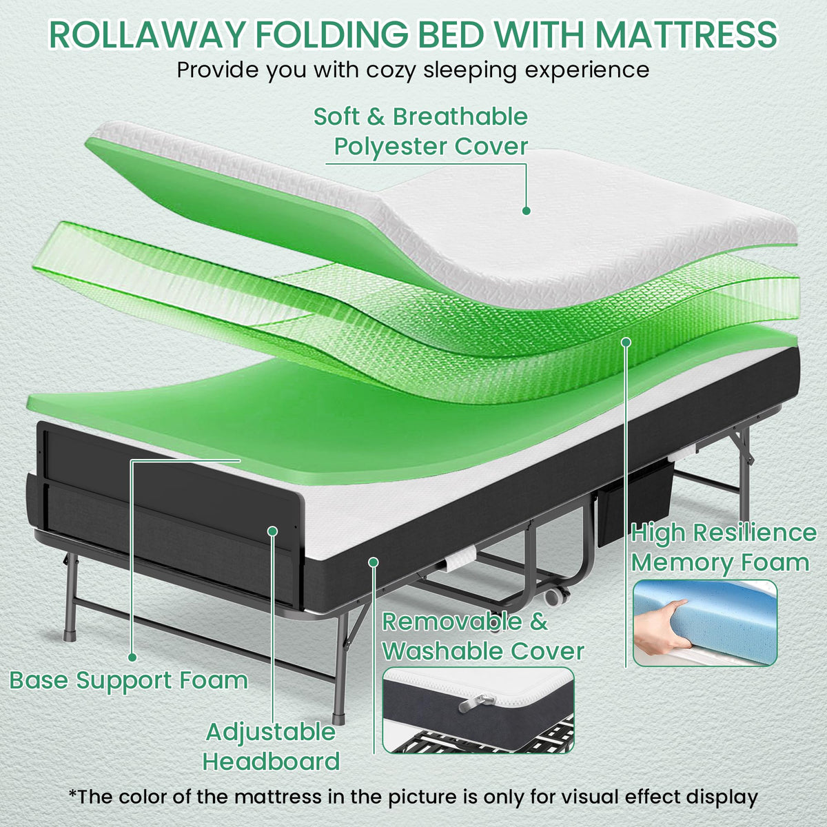Folding Bed with Mattress, 5-Inch Memory Foam, 500lbs Capacity, Metal Frame W81969