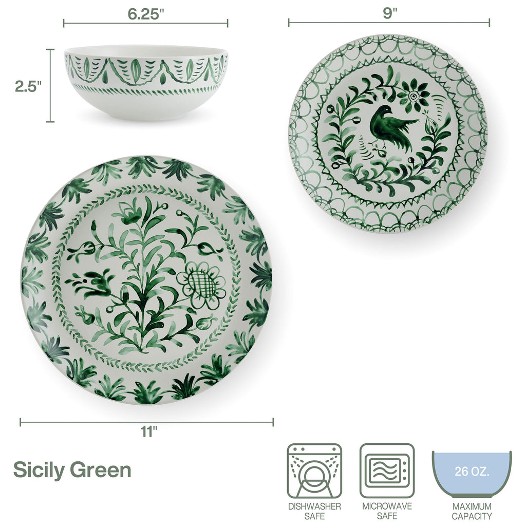 Green 12-Piece Stoneware Dinnerware Set F55433