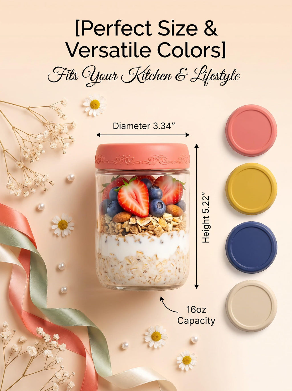 16oz 12-Pack Glass Overnight Oats Jars with Airtight Lids J5575