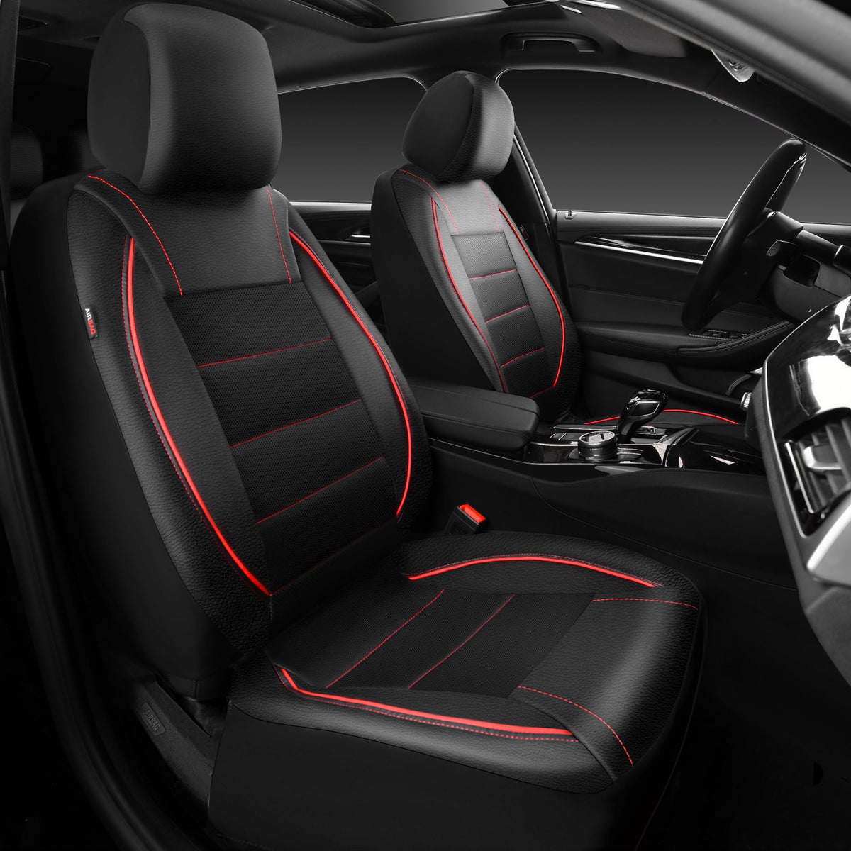 Black Red Faux Leather Front Seat Covers F61522