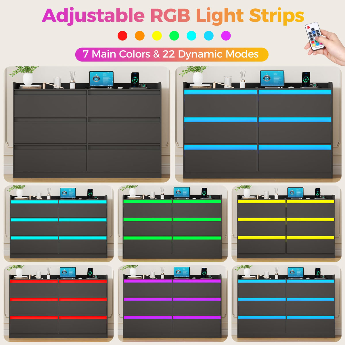 Black Dresser with Power Outlet and LED Lights L7749