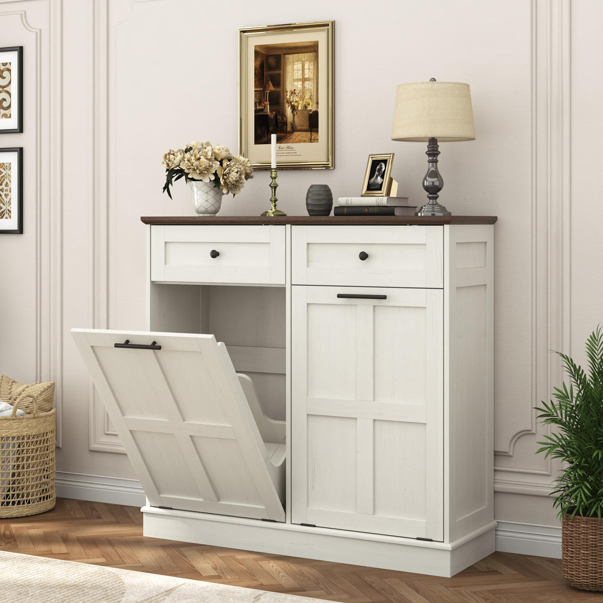Antique White 26 Gallons Wood Trash Can Cabinet with Drawers T6644