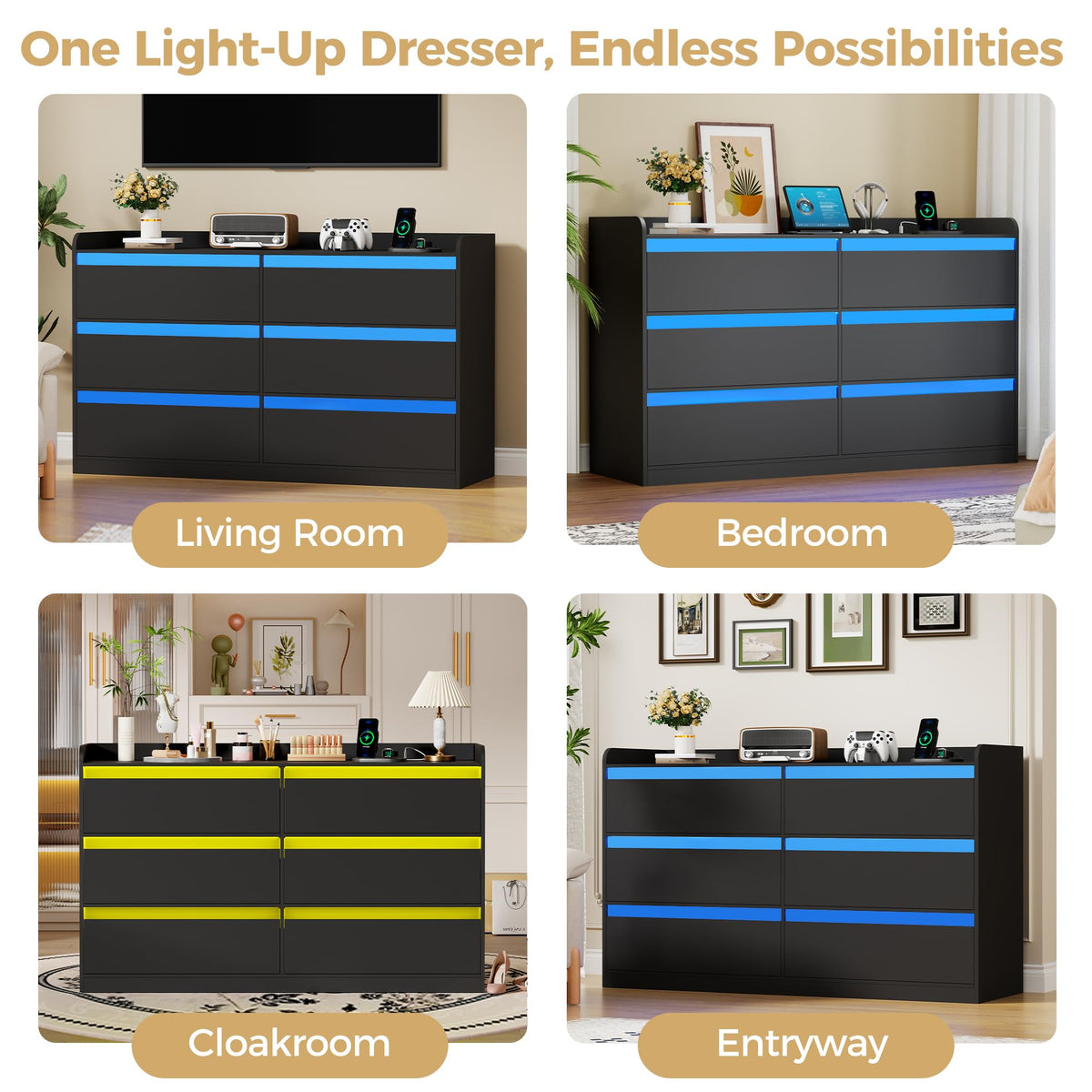 Black Dresser with Power Outlet and LED Lights L7749