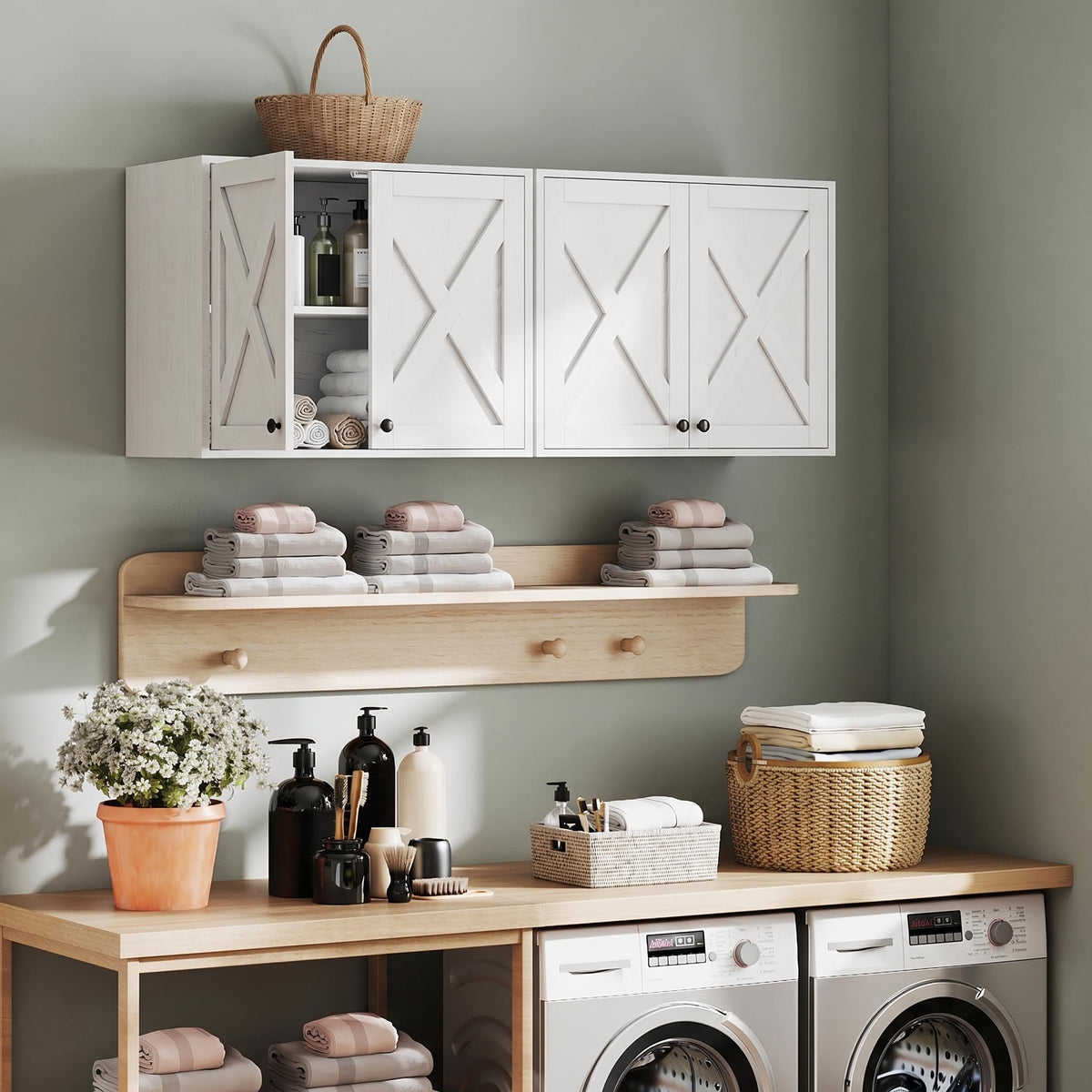 White Wall Mounted Laundry Room Cabinets W101