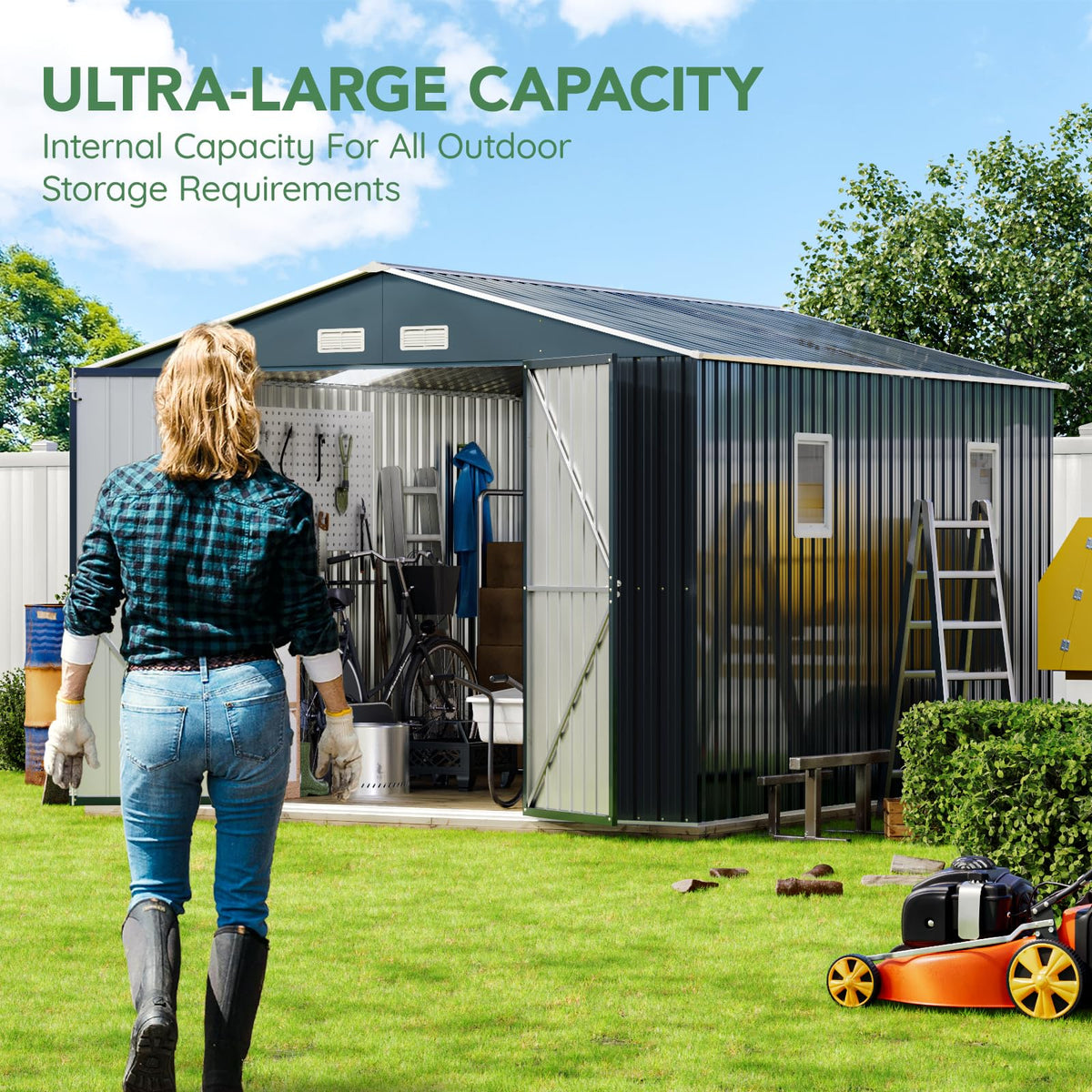 10x12X7.5FT Outdoor Steel Storage Shed with Lockable Doors and Frame Floor M63837