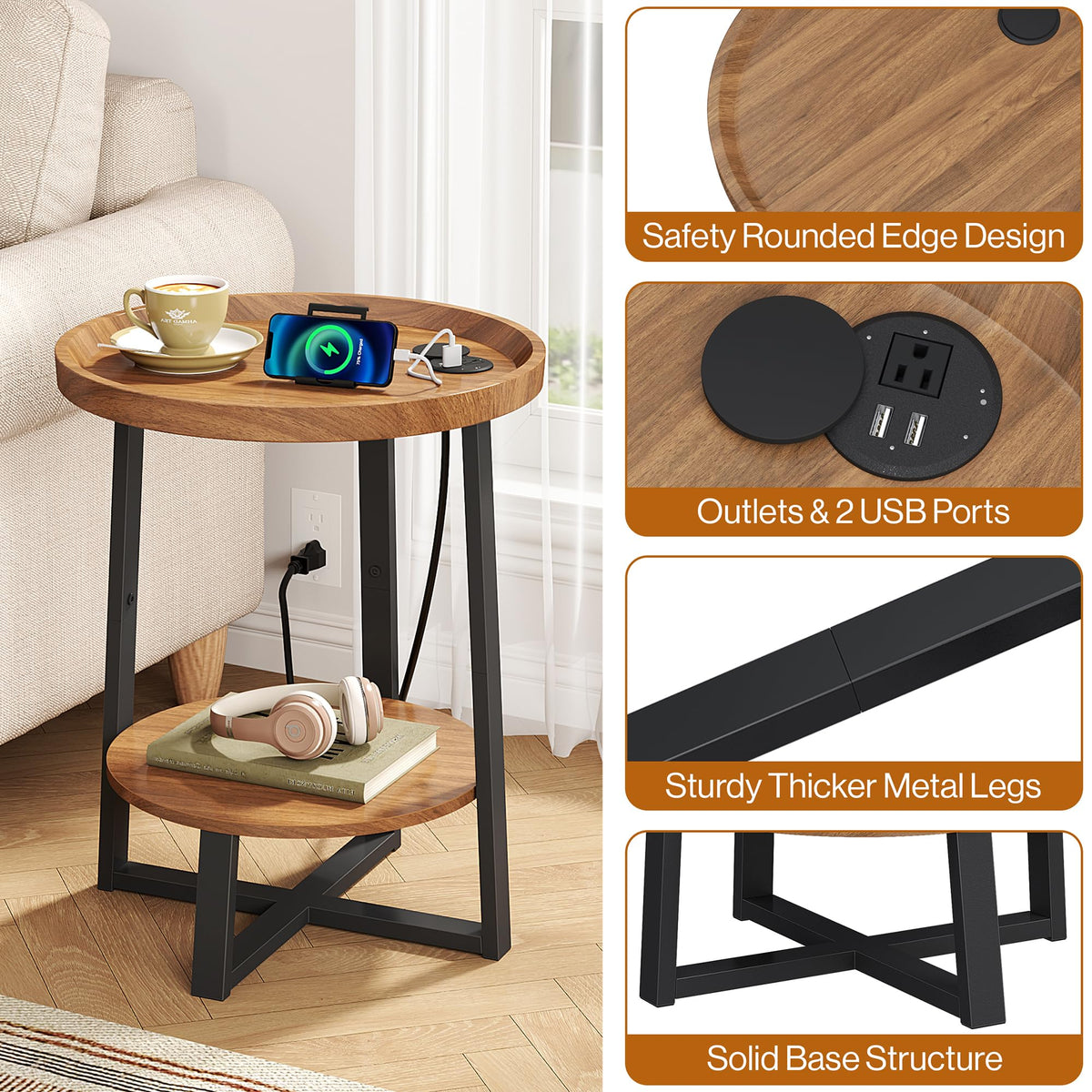 Round Side Table with Charging T370596