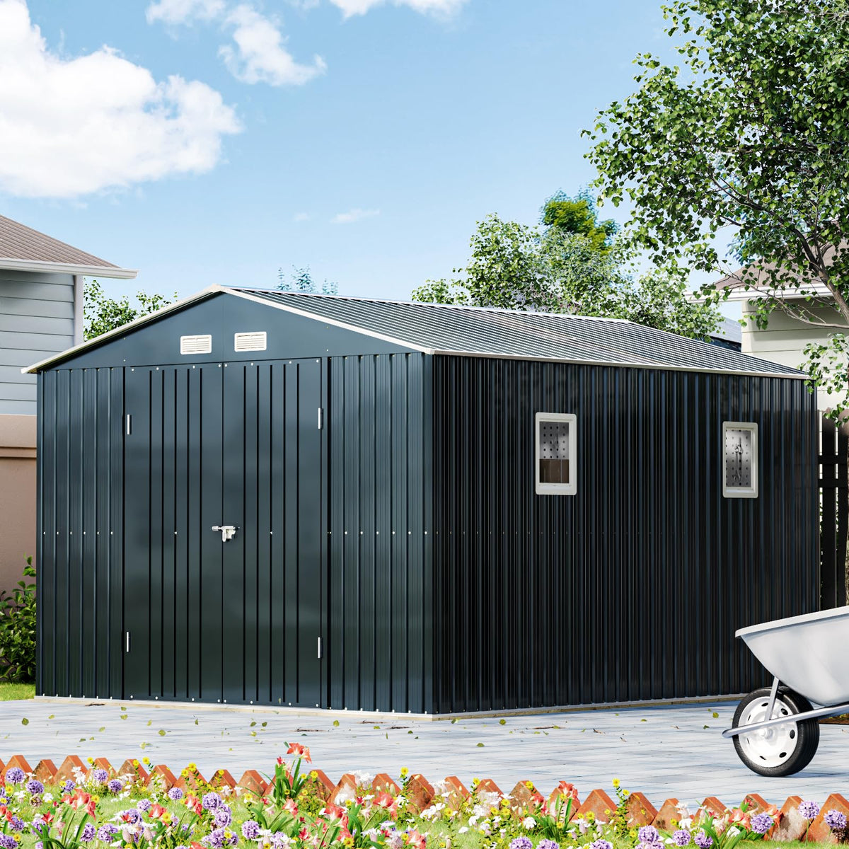 10x12X7.5FT Outdoor Steel Storage Shed with Lockable Doors and Frame Floor M63837