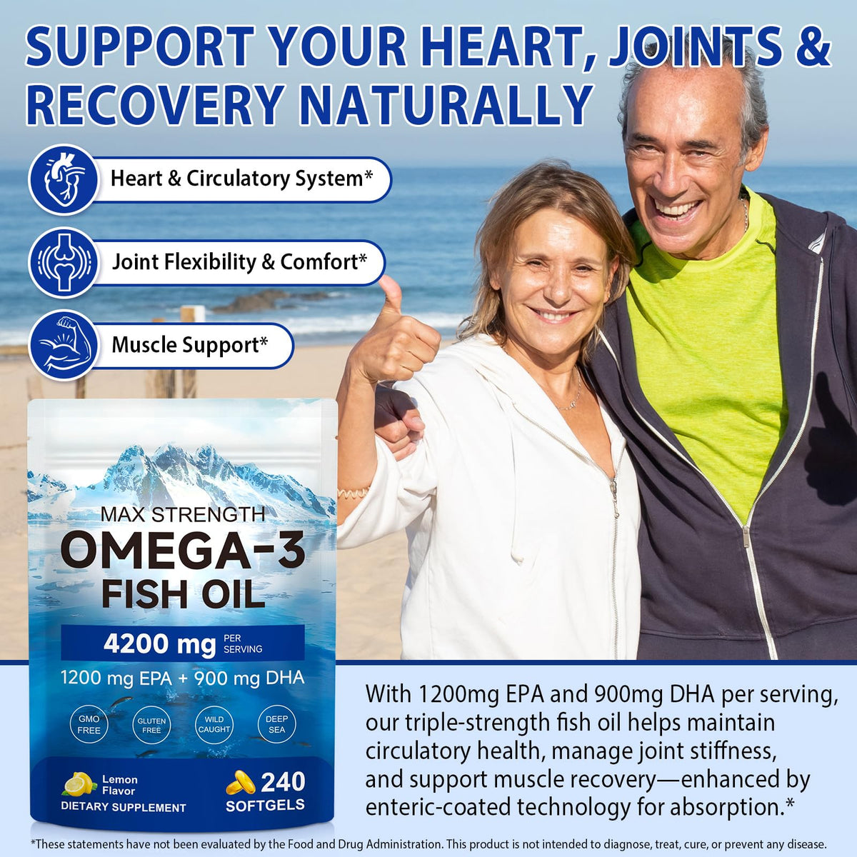 Omega 3 Fish Oil Supplement 240 Softgels Lemon Flavor K236