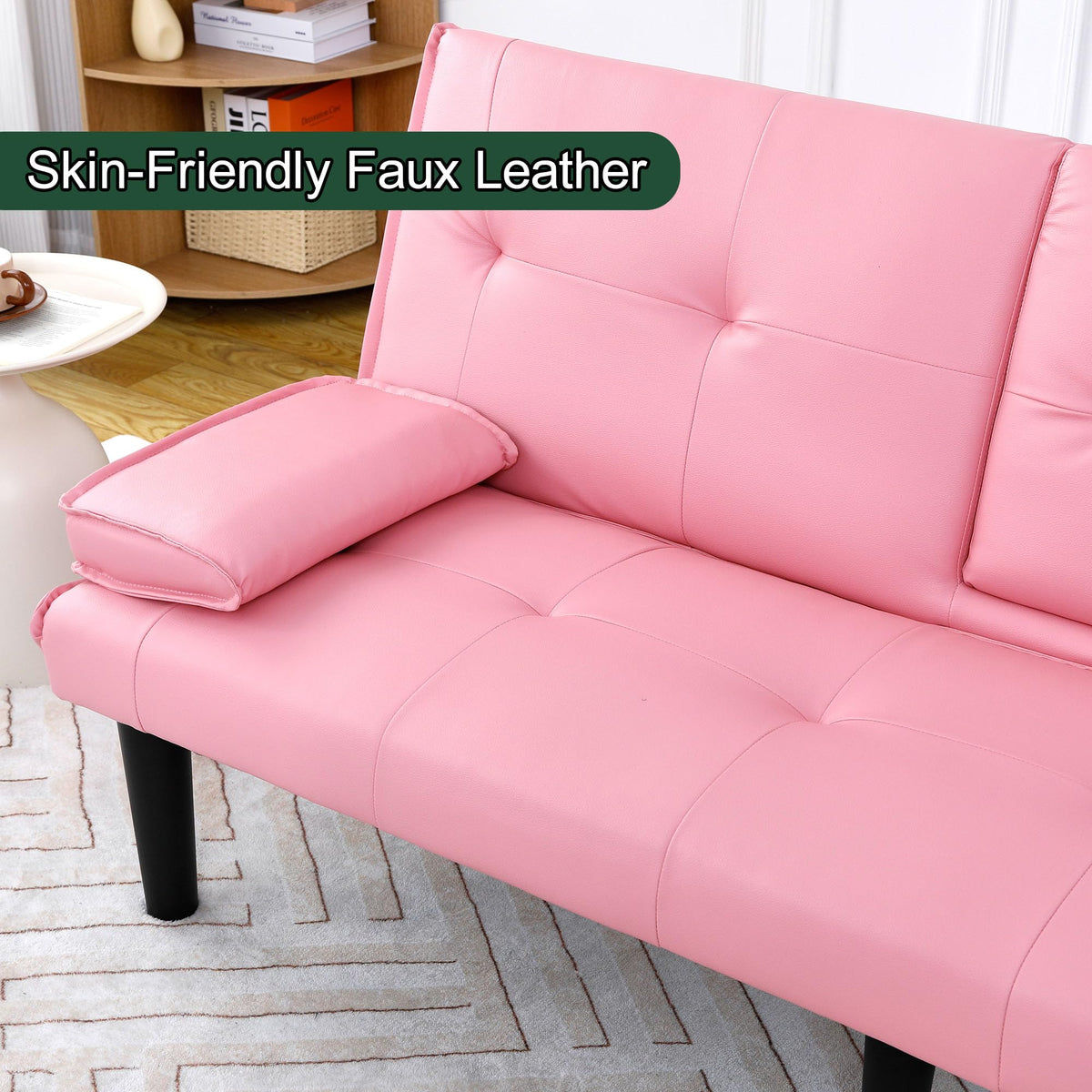 67" Convertible Sofa Bed with Cup Holders, Pink K6040
