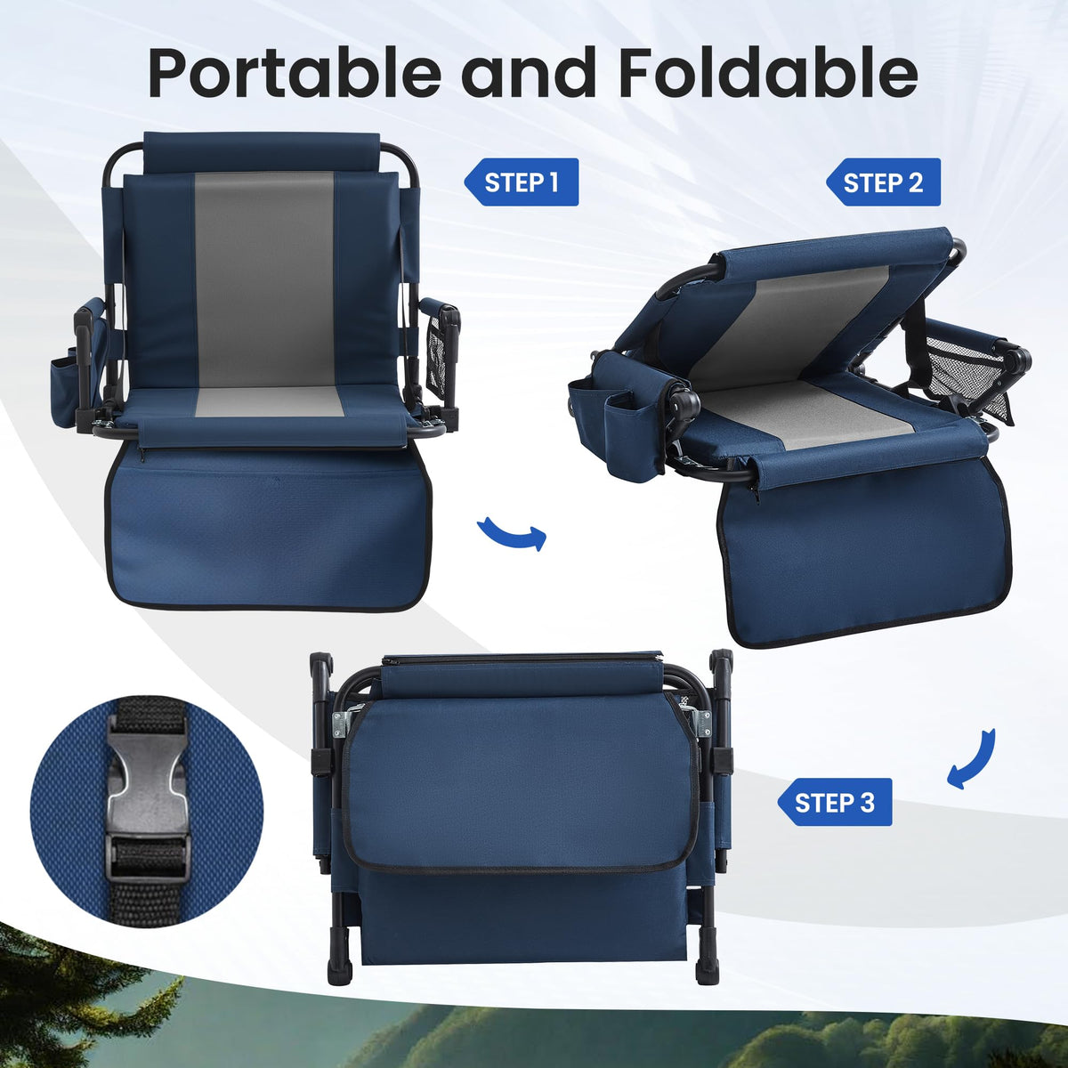 Portable Stadium Seat with Cup Holders & Armrests, Blue & Gray K27615