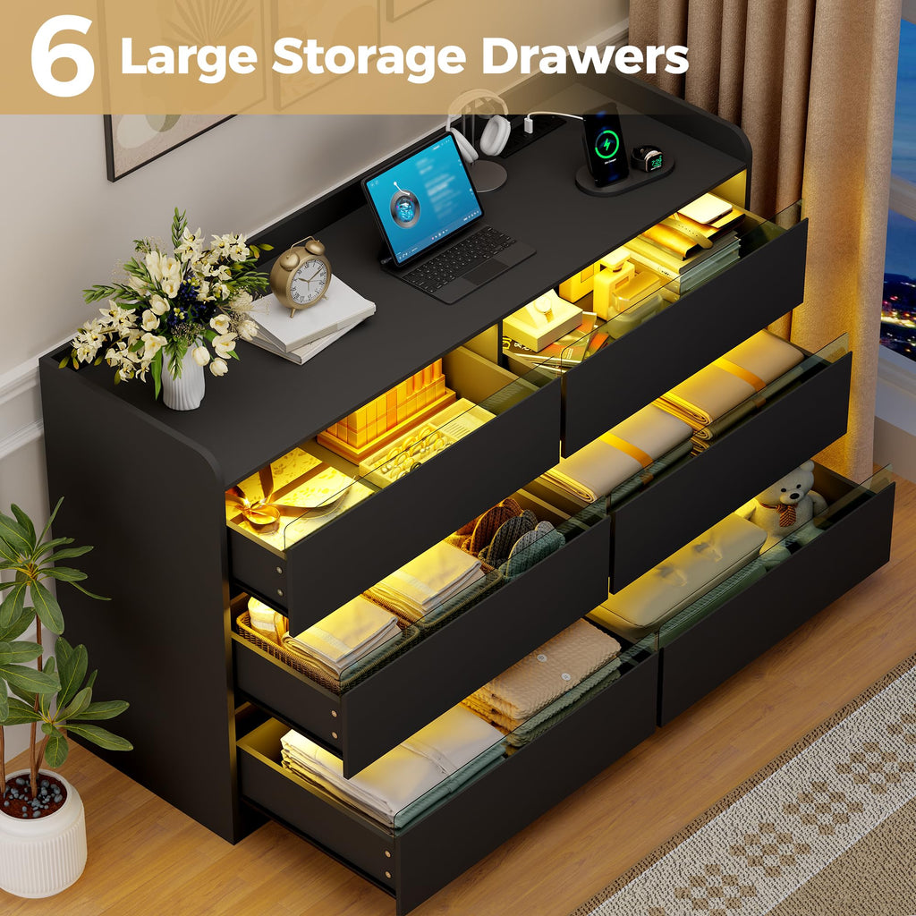 Black Dresser with Power Outlet and LED Lights L7749