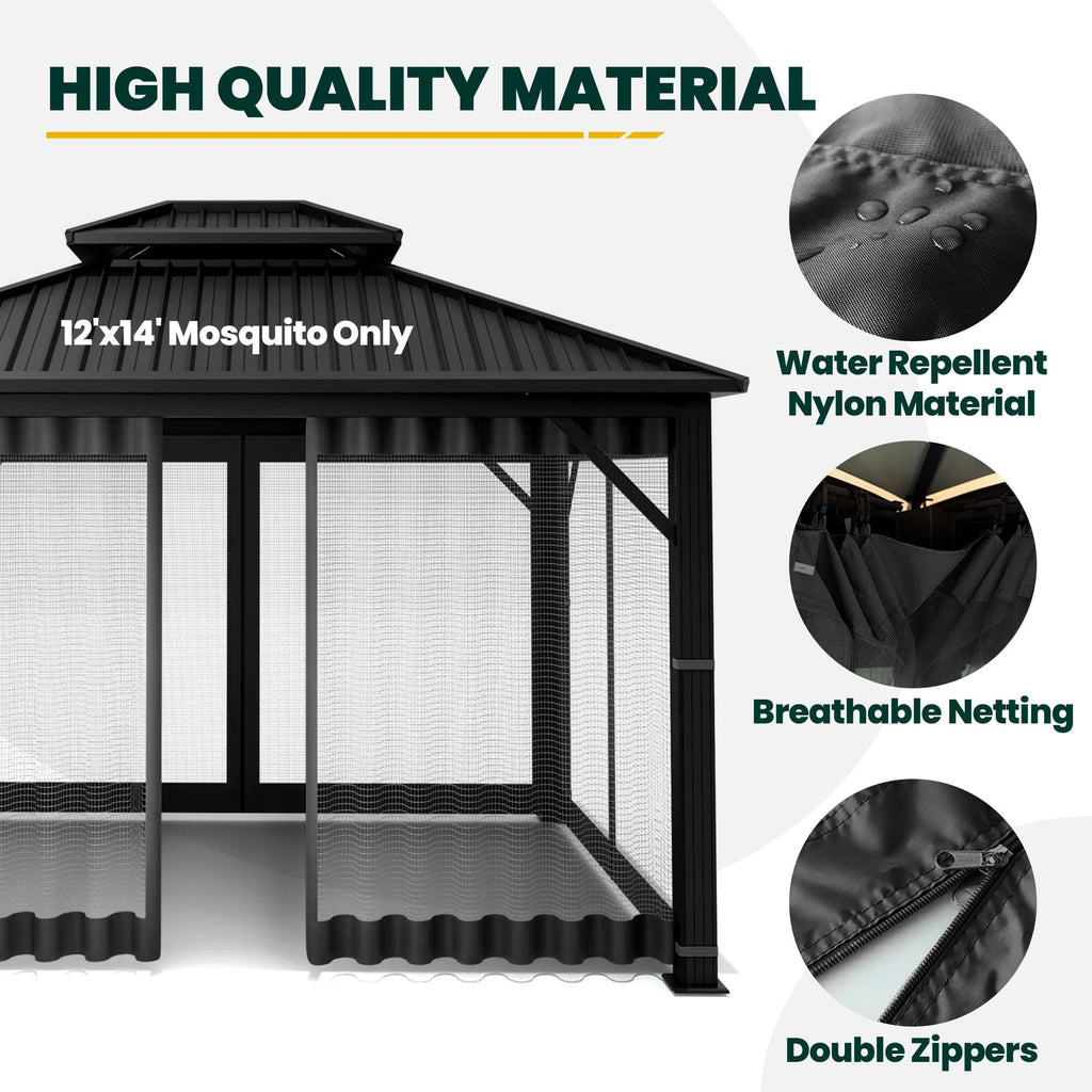 12' x 14' 4-Panel Gazebo Mosquito Netting with Zippers, Black B84928