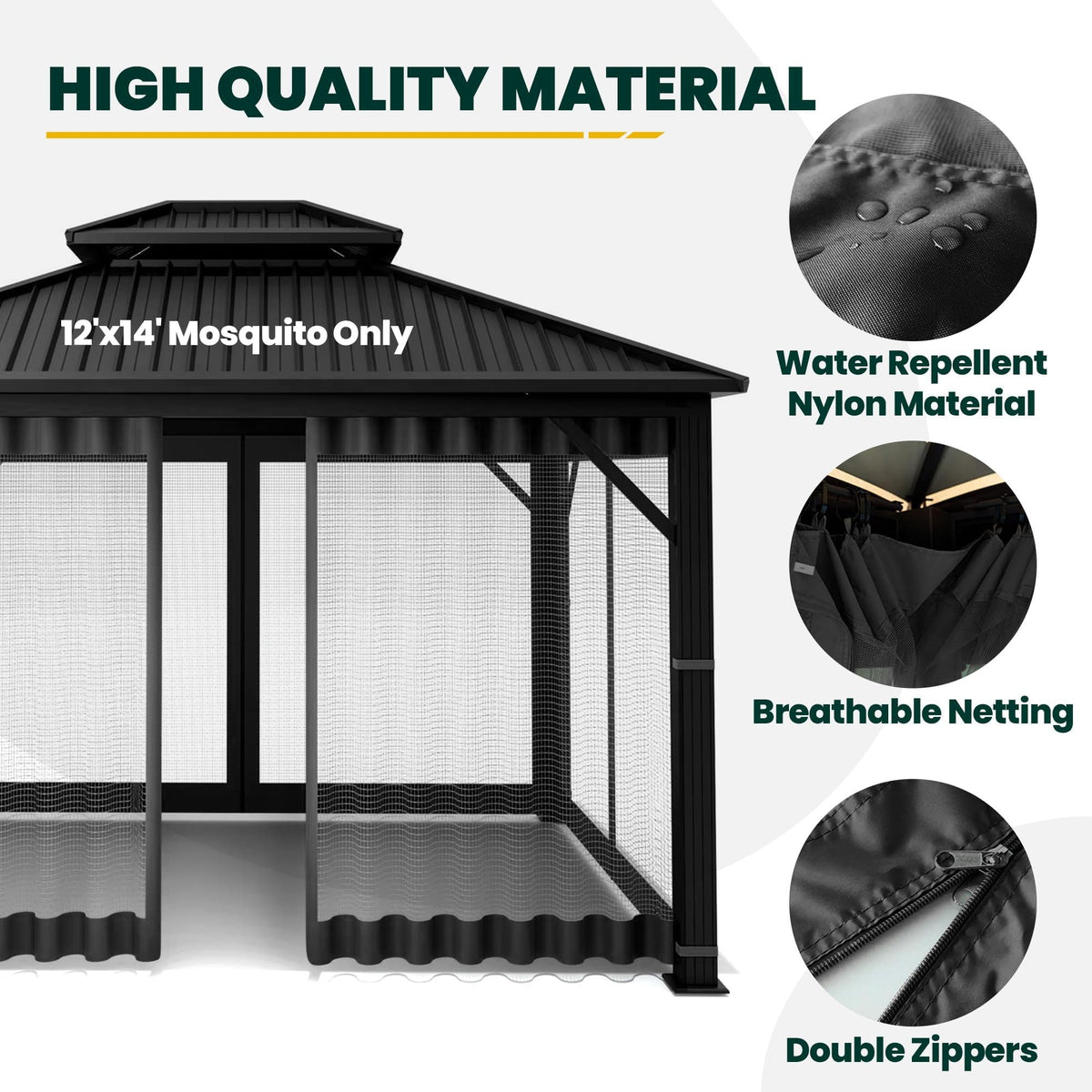 12' x 14' 4-Panel Gazebo Mosquito Netting with Zippers, Black B84928