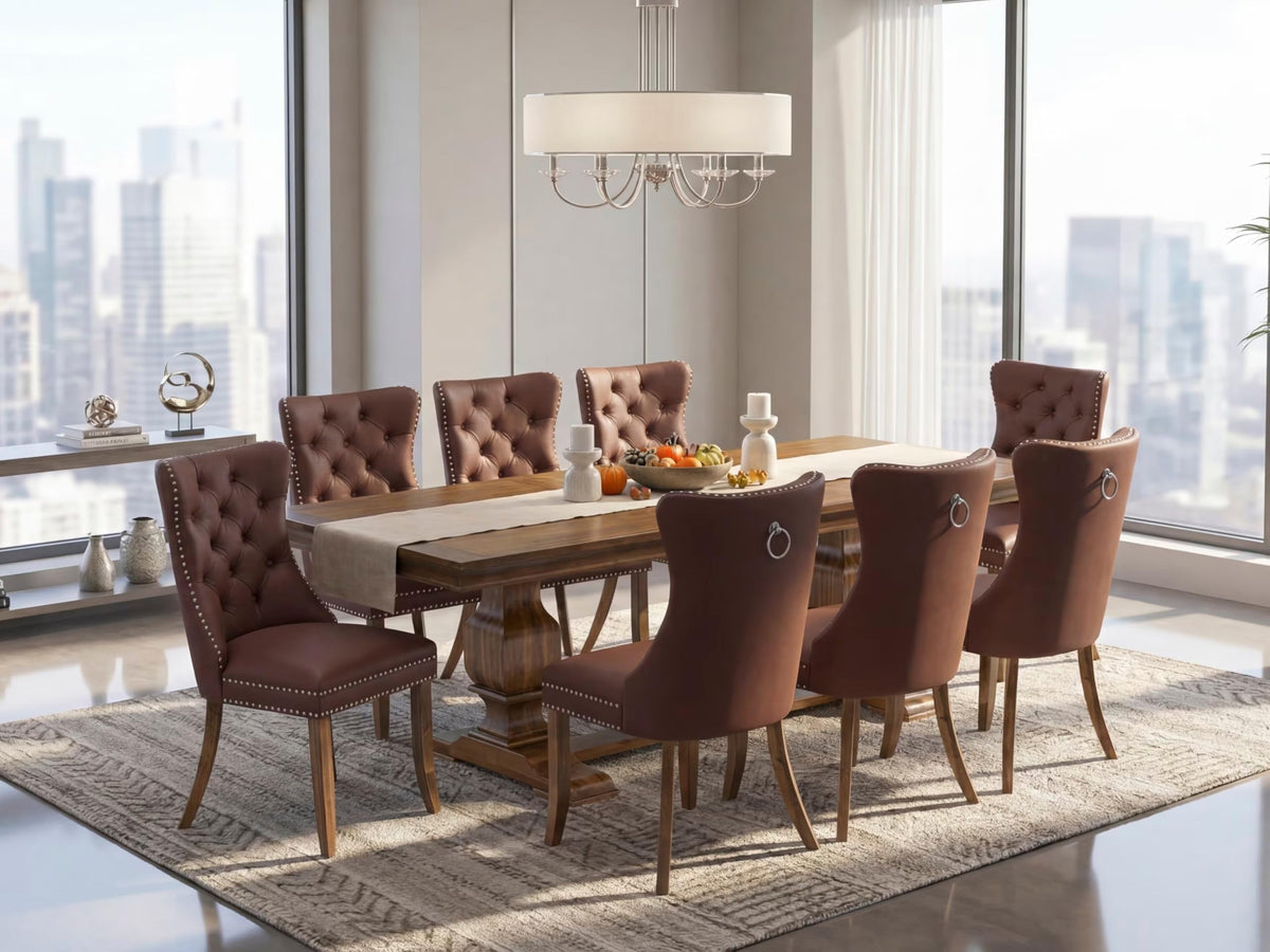 9 Piece Mid-Century Dining Table Set with 8 Burgundy Polyester Chairs B751040