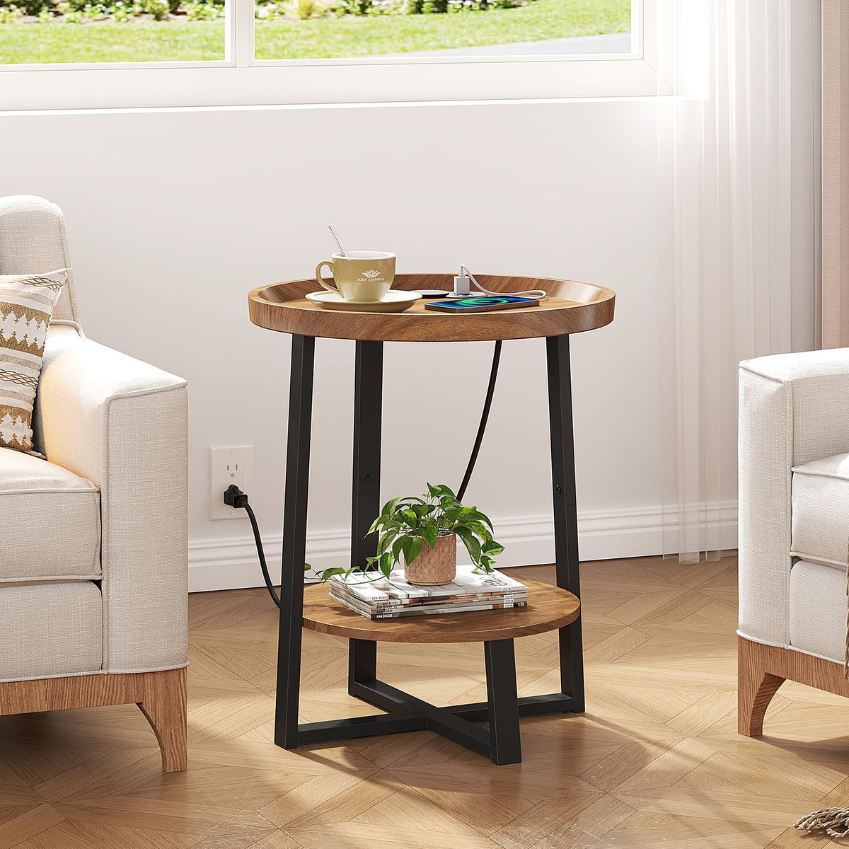 Round Side Table with Charging T370596