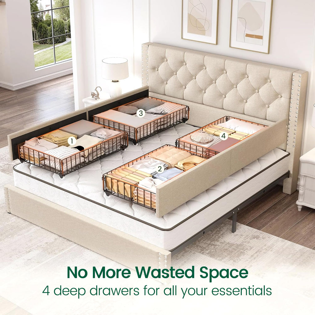 Queen Size Linen Upholstered Platform Bed Frame with 4 Storage Drawers Y525