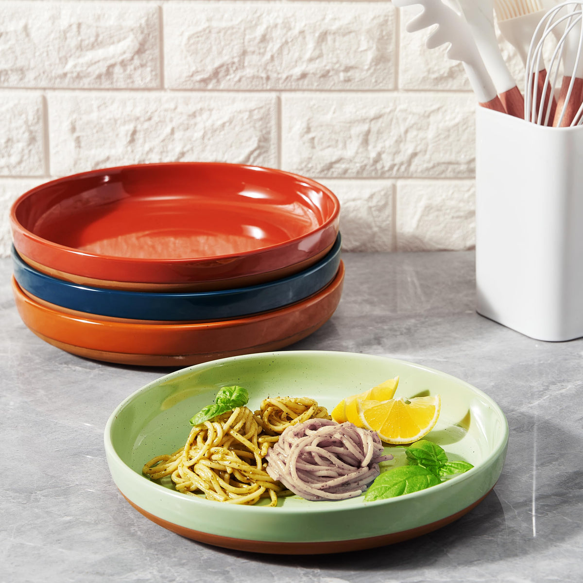 Ceramic Flat Pasta Bowl Plate Set of 4, 35oz Microwave Safe U51040