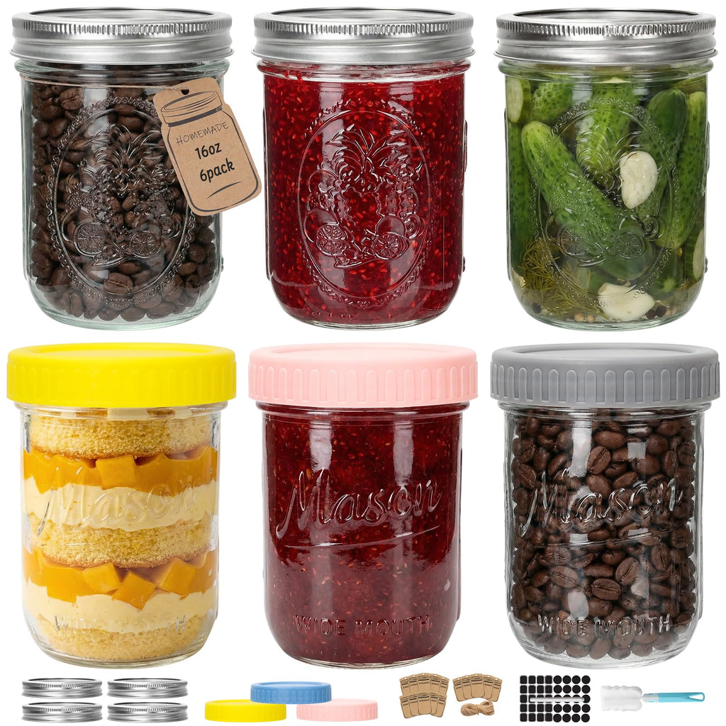 16oz 6-Pack Wide Mouth Glass Mason Jars with Airtight Lids U118