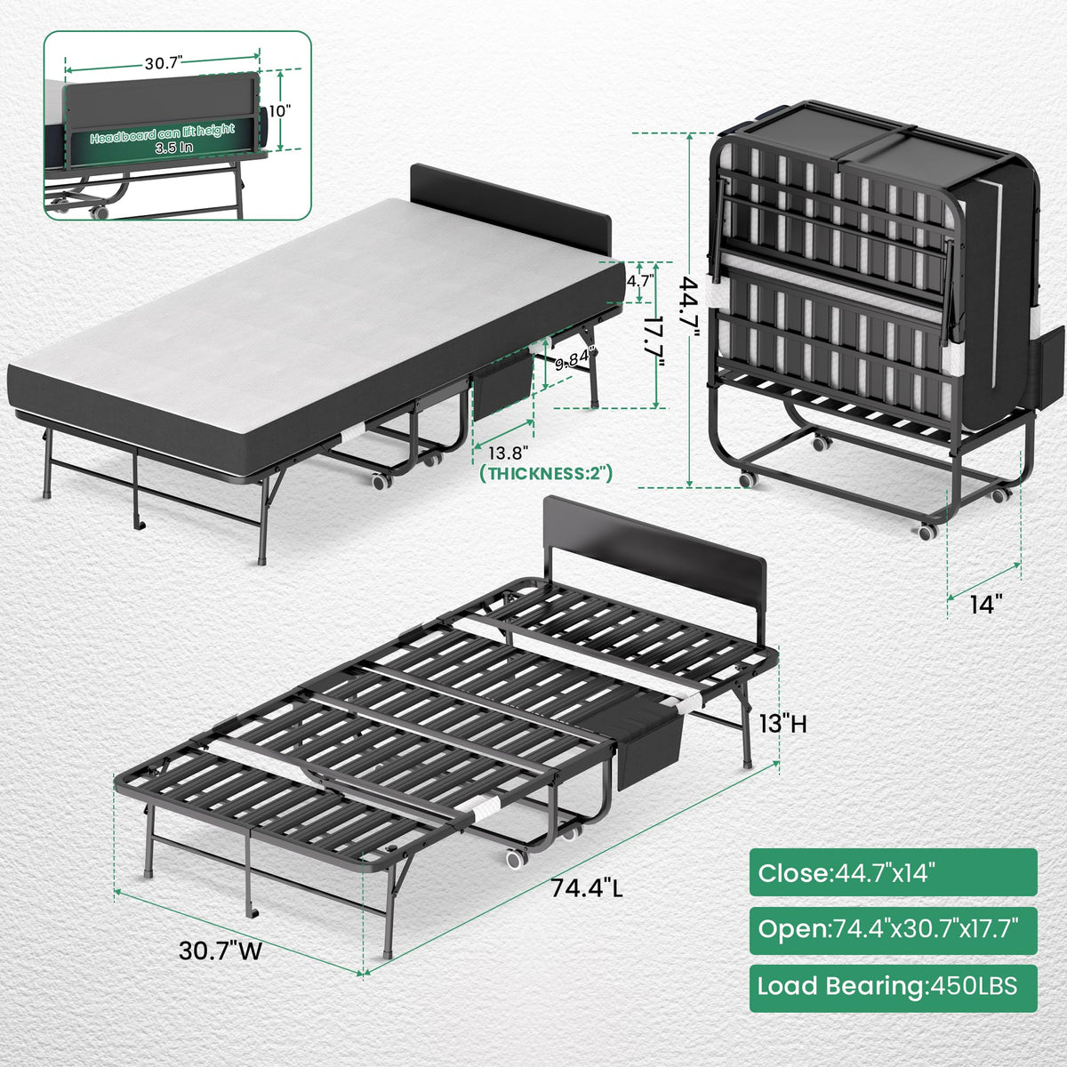 Folding Bed with Mattress, 5-Inch Memory Foam, 500lbs Capacity, Metal Frame W81969