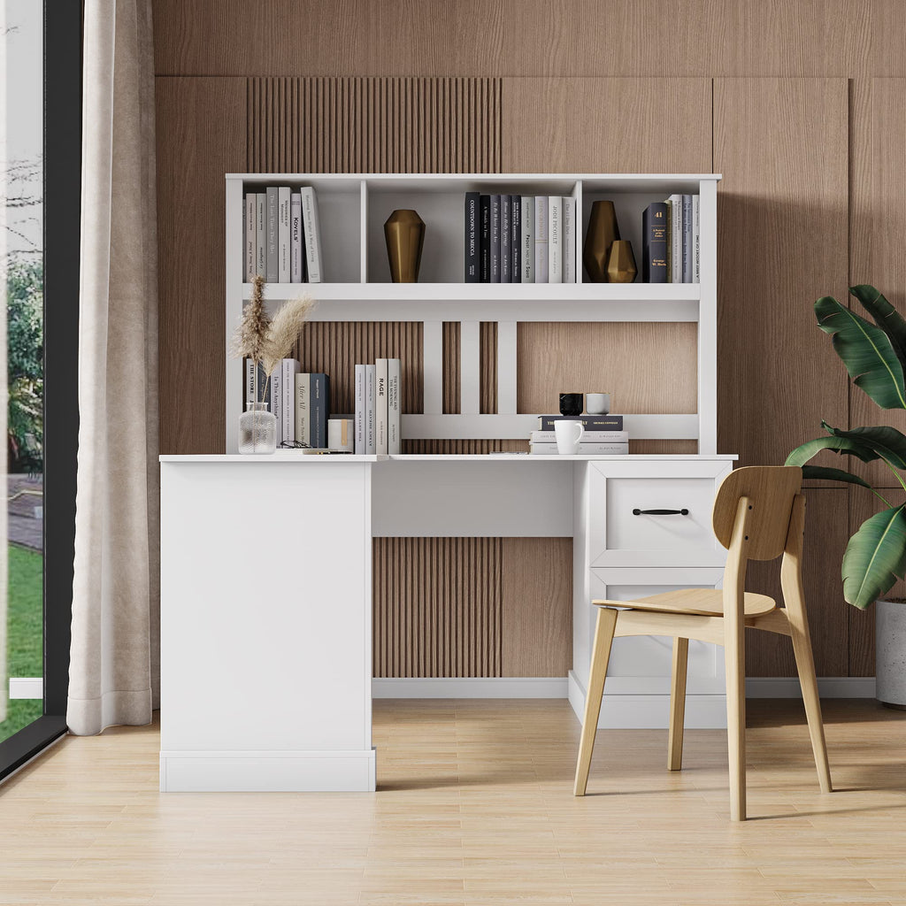 L Shaped Desk with Hutch, Drawer & Shelves, White I66058