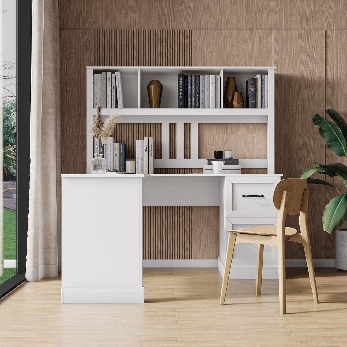 L Shaped Desk with Hutch, Drawer & Shelves, White I66058