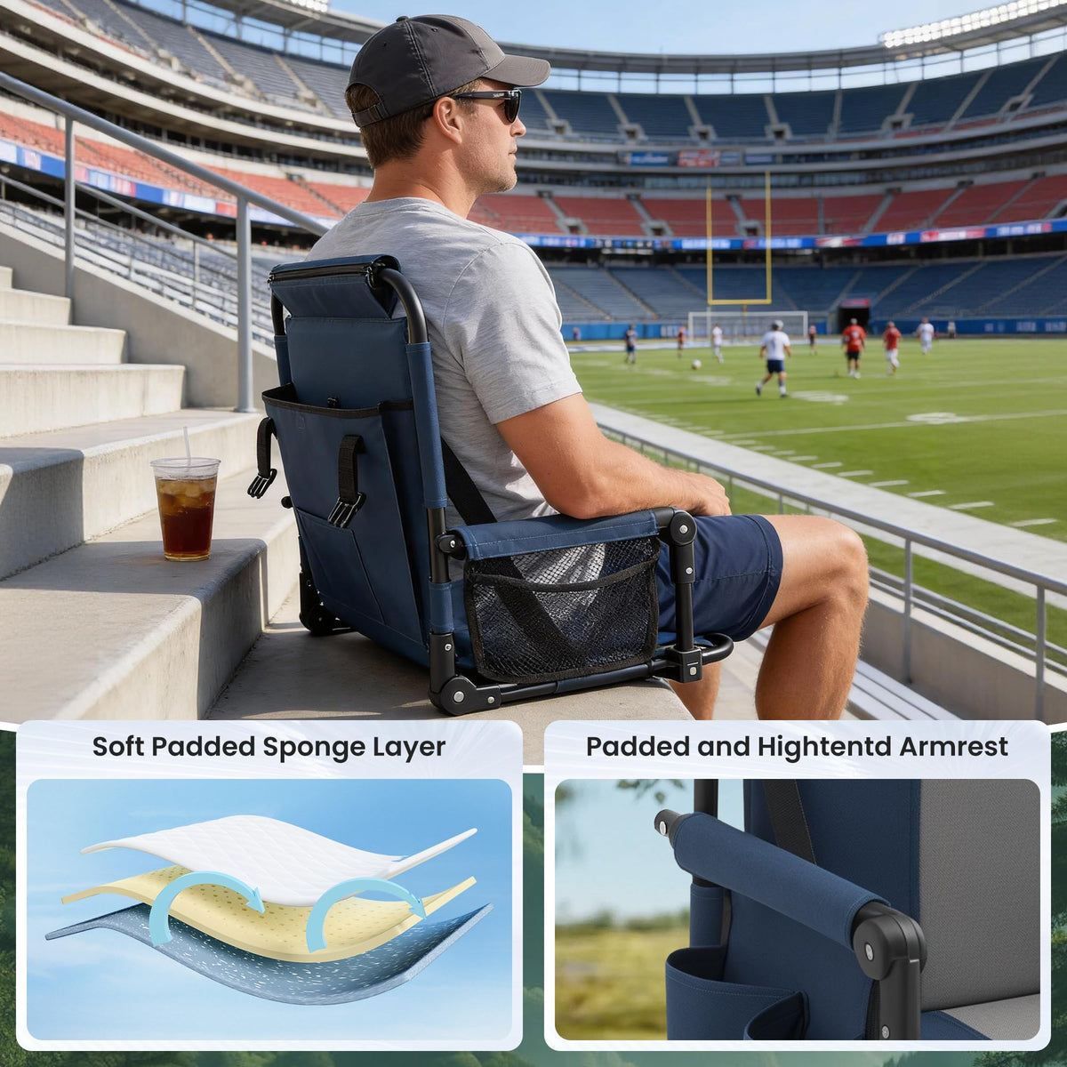 Portable Stadium Seat with Cup Holders & Armrests, Blue & Gray K27615