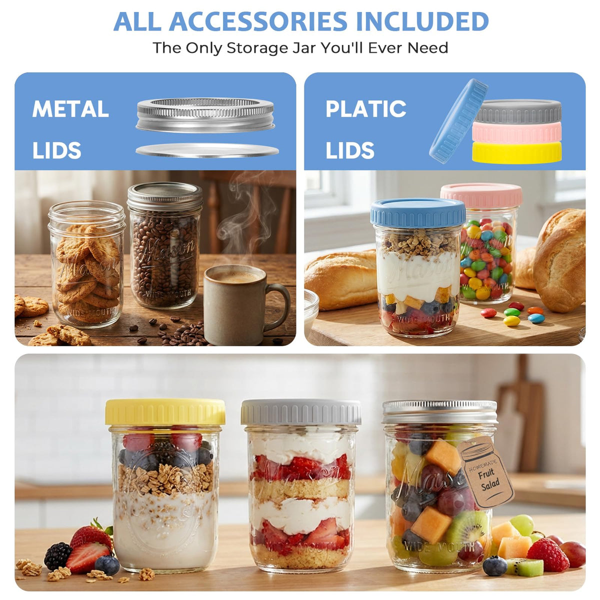 16oz 6-Pack Wide Mouth Glass Mason Jars with Airtight Lids U118