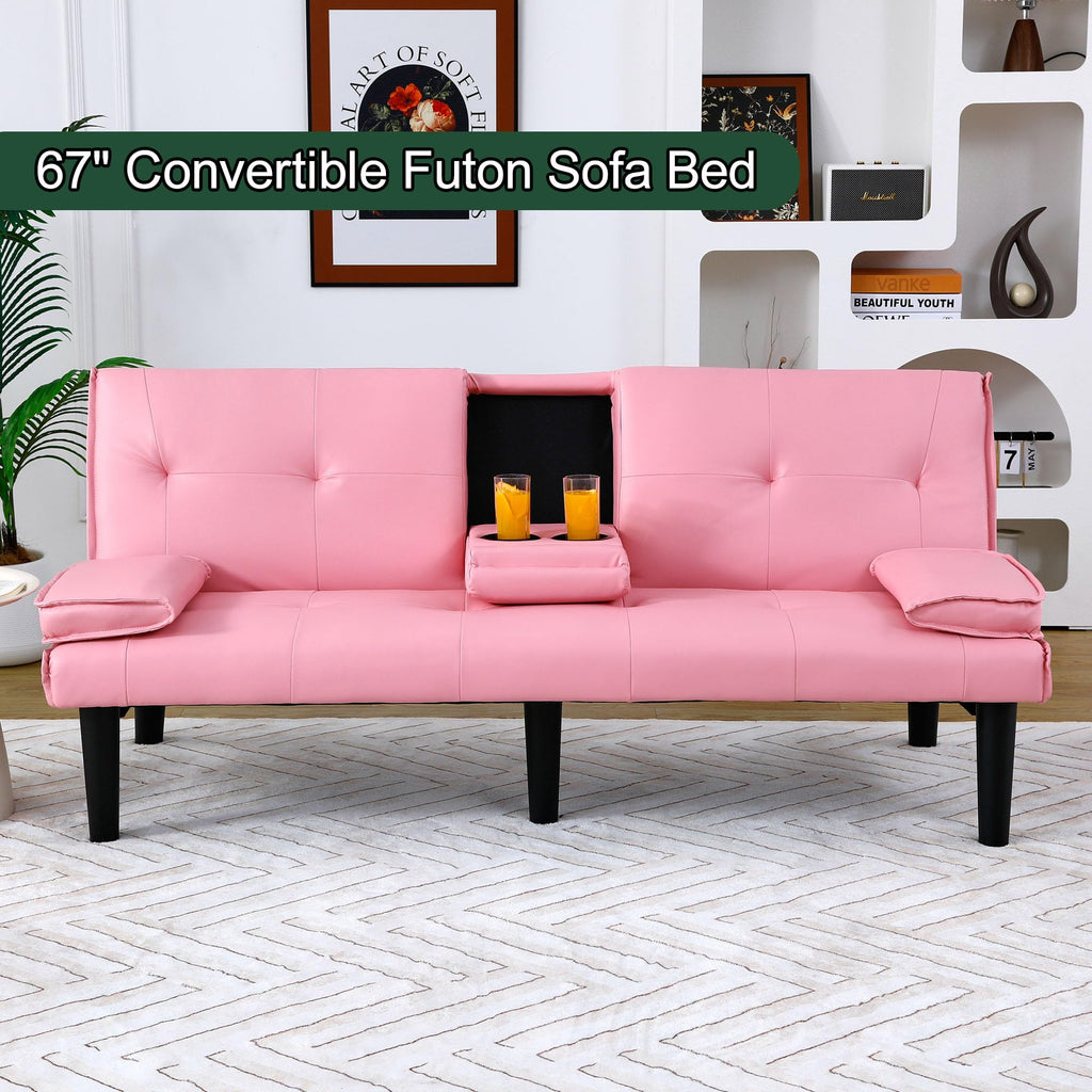 67" Convertible Sofa Bed with Cup Holders, Pink K6040
