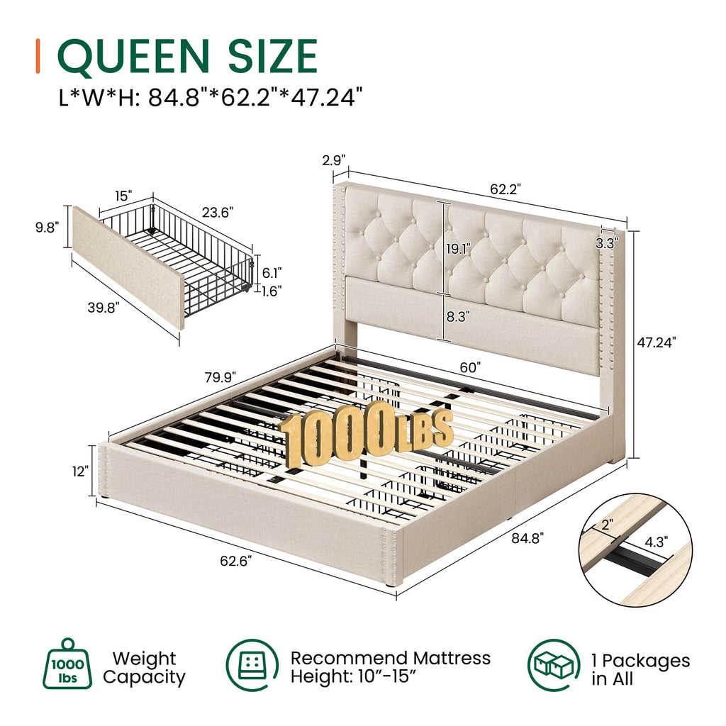 Queen Size Linen Upholstered Platform Bed Frame with 4 Storage Drawers Y525
