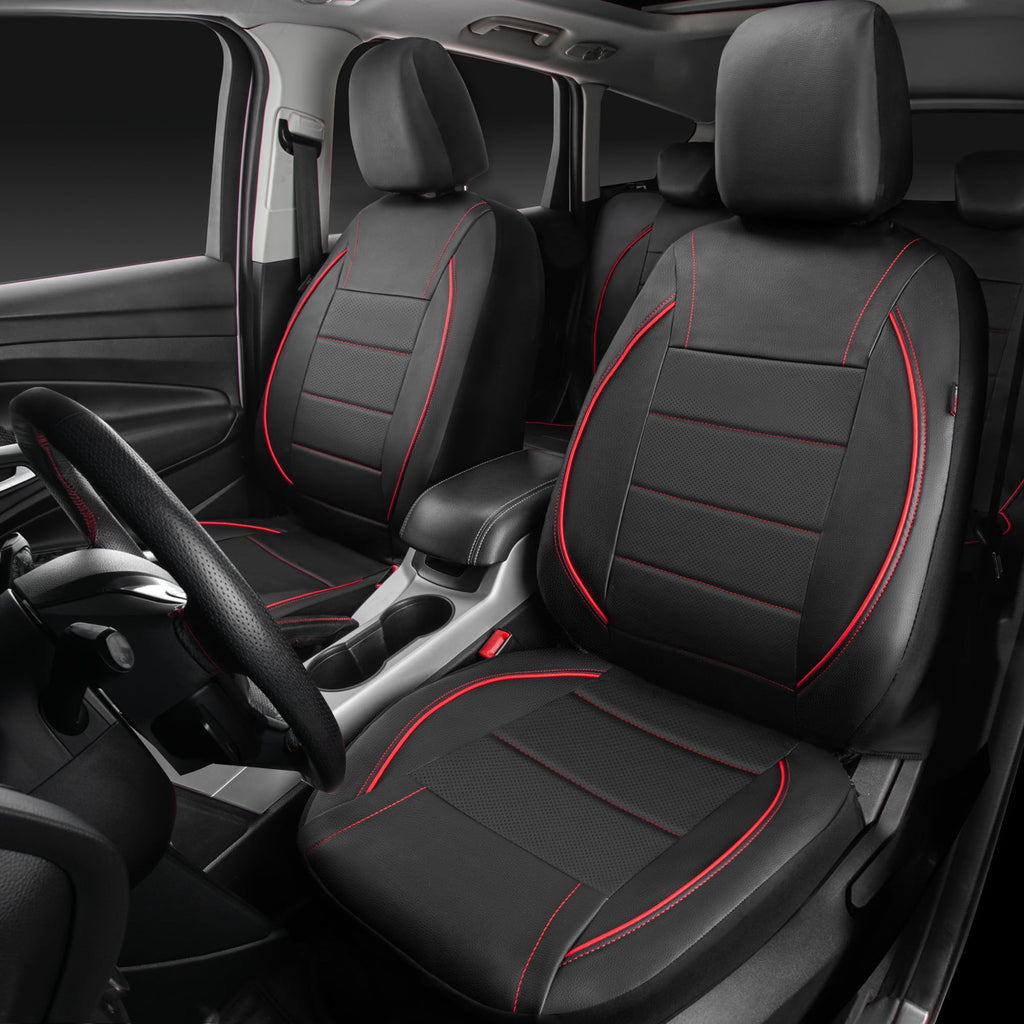 Black Red Faux Leather Front Seat Covers F61522