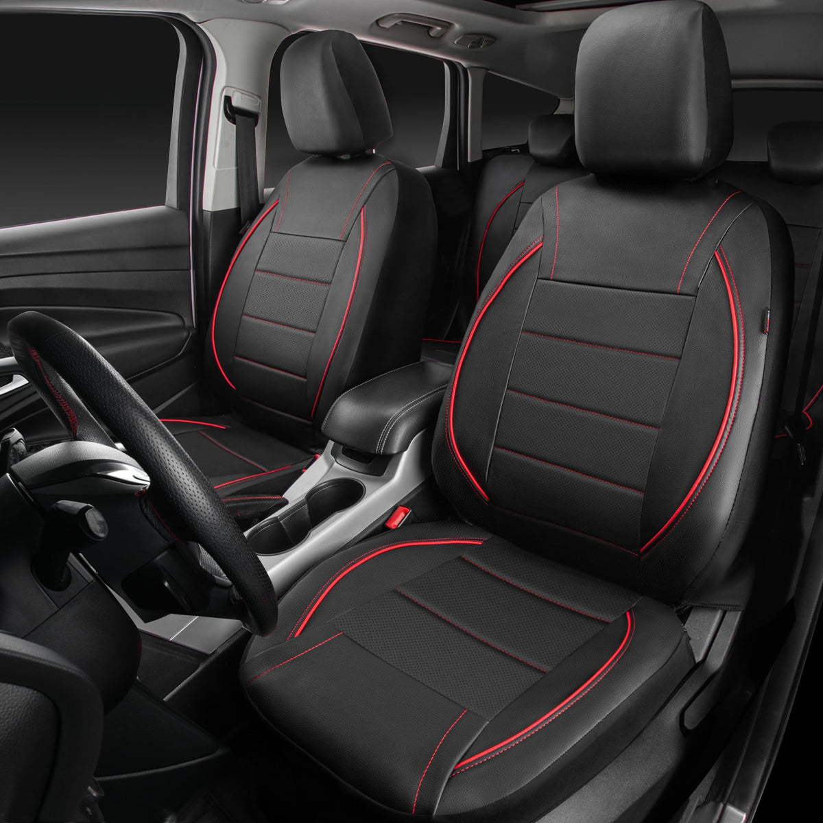 Black Red Faux Leather Front Seat Covers F61522