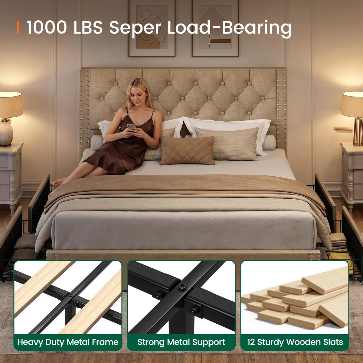 Queen Size Linen Upholstered Platform Bed Frame with 4 Storage Drawers Y525