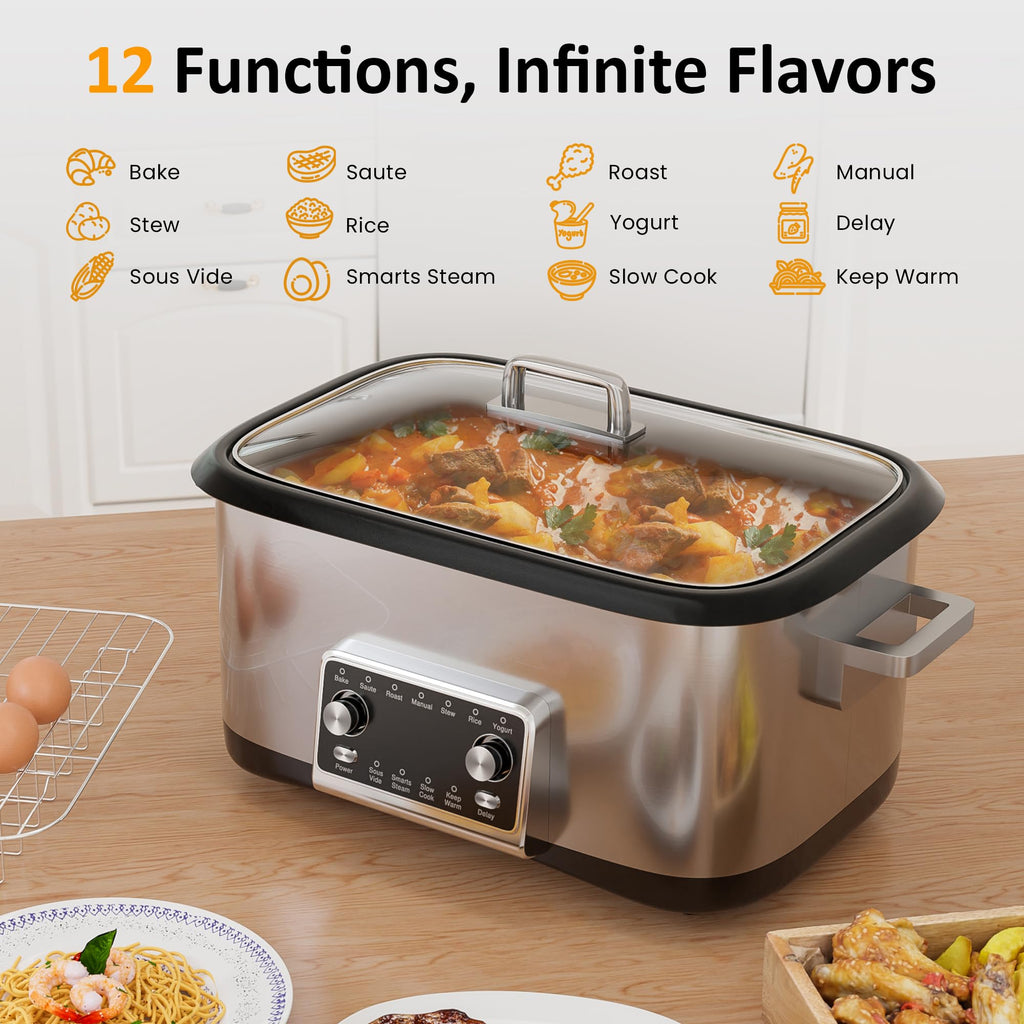 12-in-1 Programmable 8 Quart Slow Cooker with Steaming Rack S341