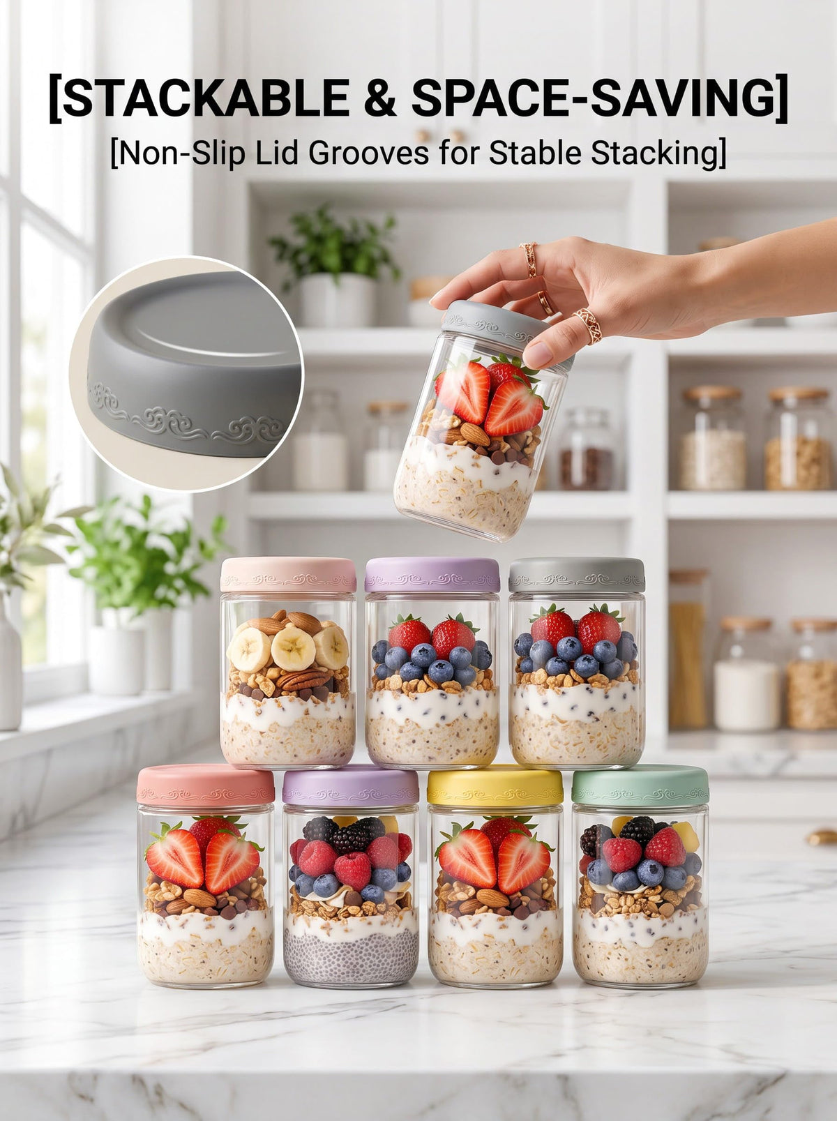 16oz 12-Pack Glass Overnight Oats Jars with Airtight Lids J5575