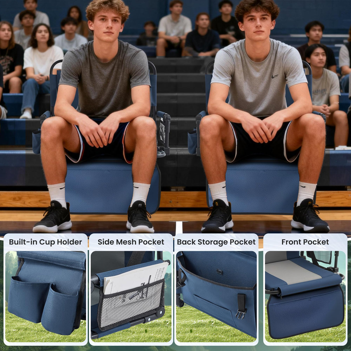 Portable Stadium Seat with Cup Holders & Armrests, Blue & Gray K27615