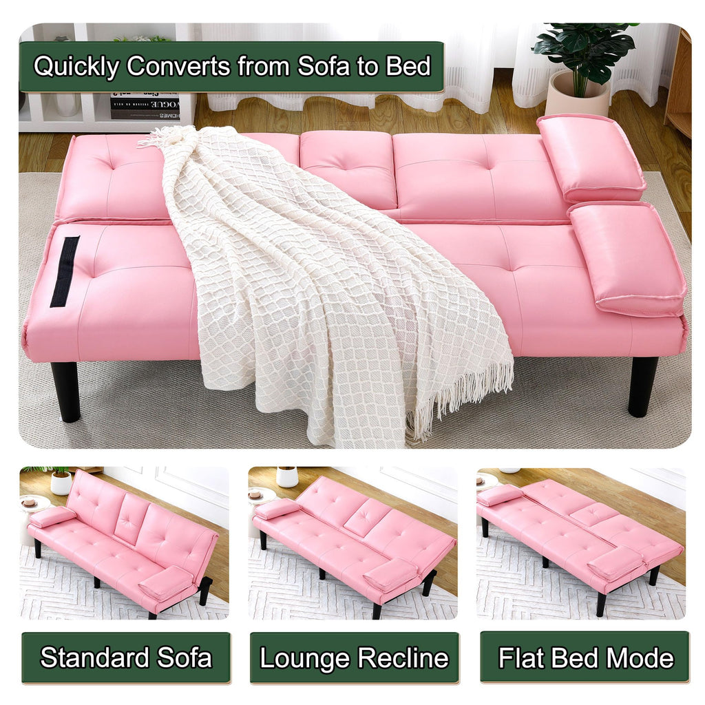 67" Convertible Sofa Bed with Cup Holders, Pink K6040