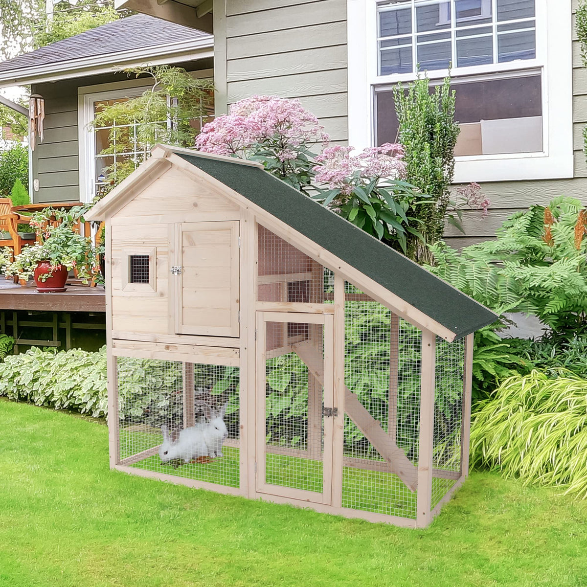 55" 2-Tier Wooden Rabbit Hutch with Ramp P749