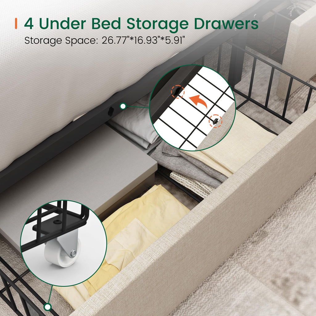 Queen Size Linen Upholstered Platform Bed Frame with 4 Storage Drawers Y525