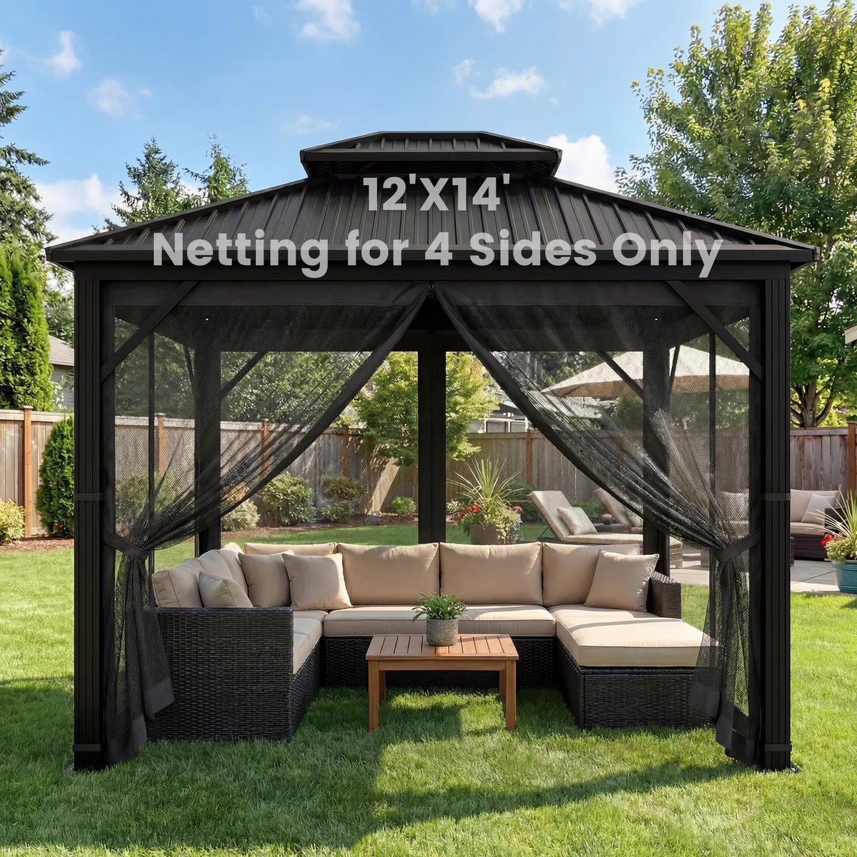 12' x 14' 4-Panel Gazebo Mosquito Netting with Zippers, Black B84928