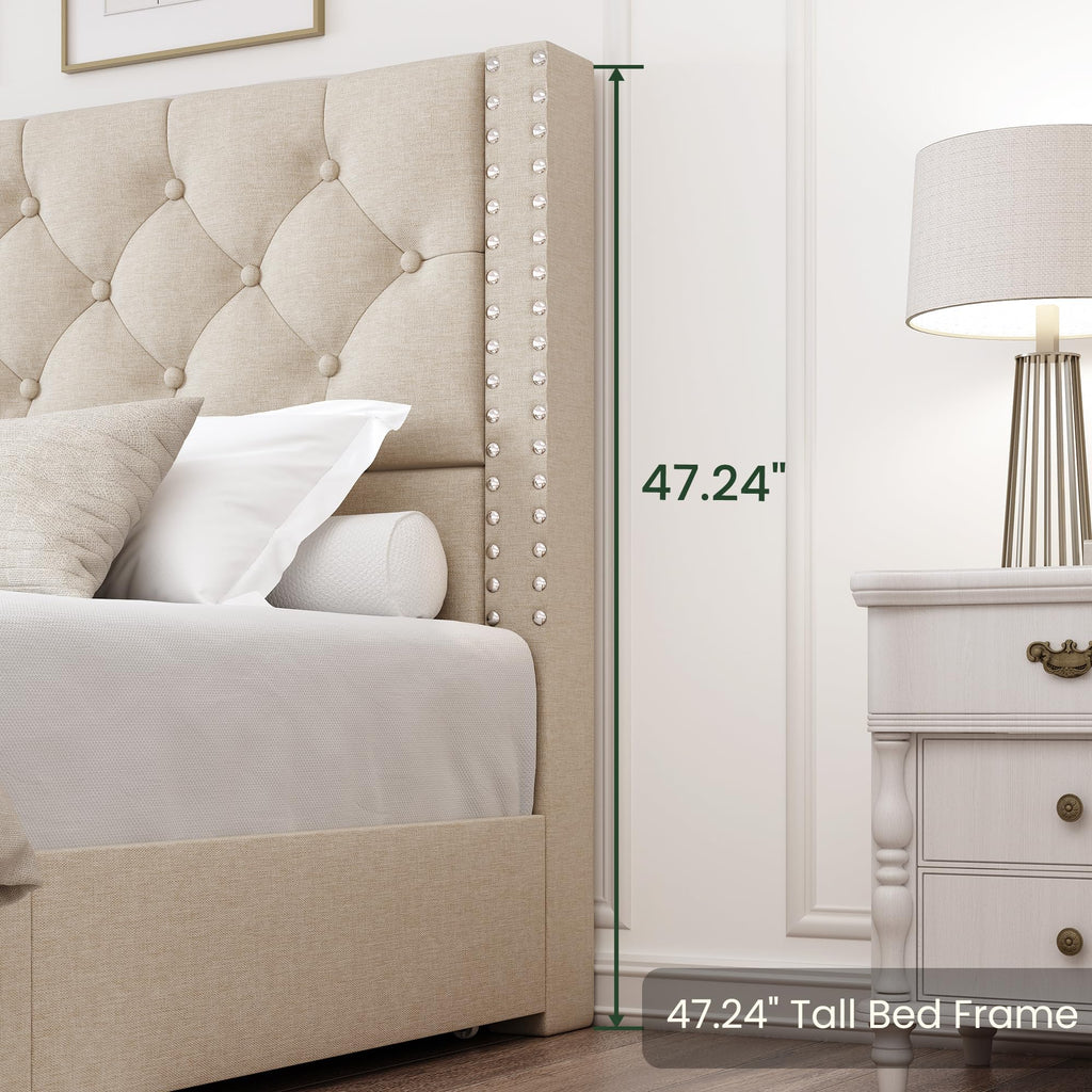 Queen Size Linen Upholstered Platform Bed Frame with 4 Storage Drawers Y525